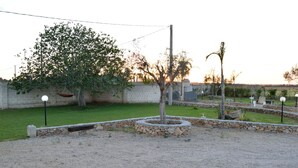Un jardin aménagé avec un arbre, un hamac et un banc en pierre.