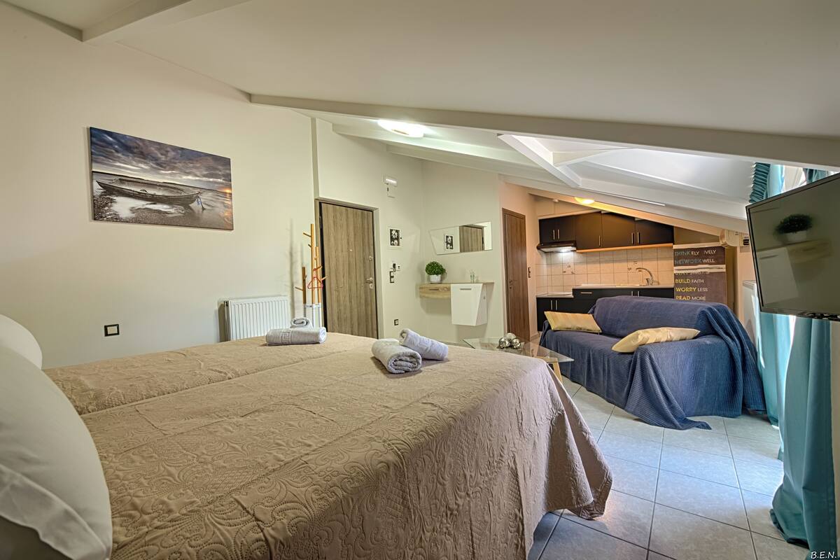 A hotel room with a bed, a sofa, a television, and a kitchenette.