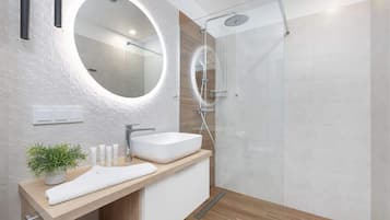 Shower, hair dryer, towels, shampoo