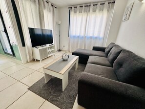 Un salon avec un canapé gris, une table basse, un téléviseur à écran plat et un tapis à motifs.