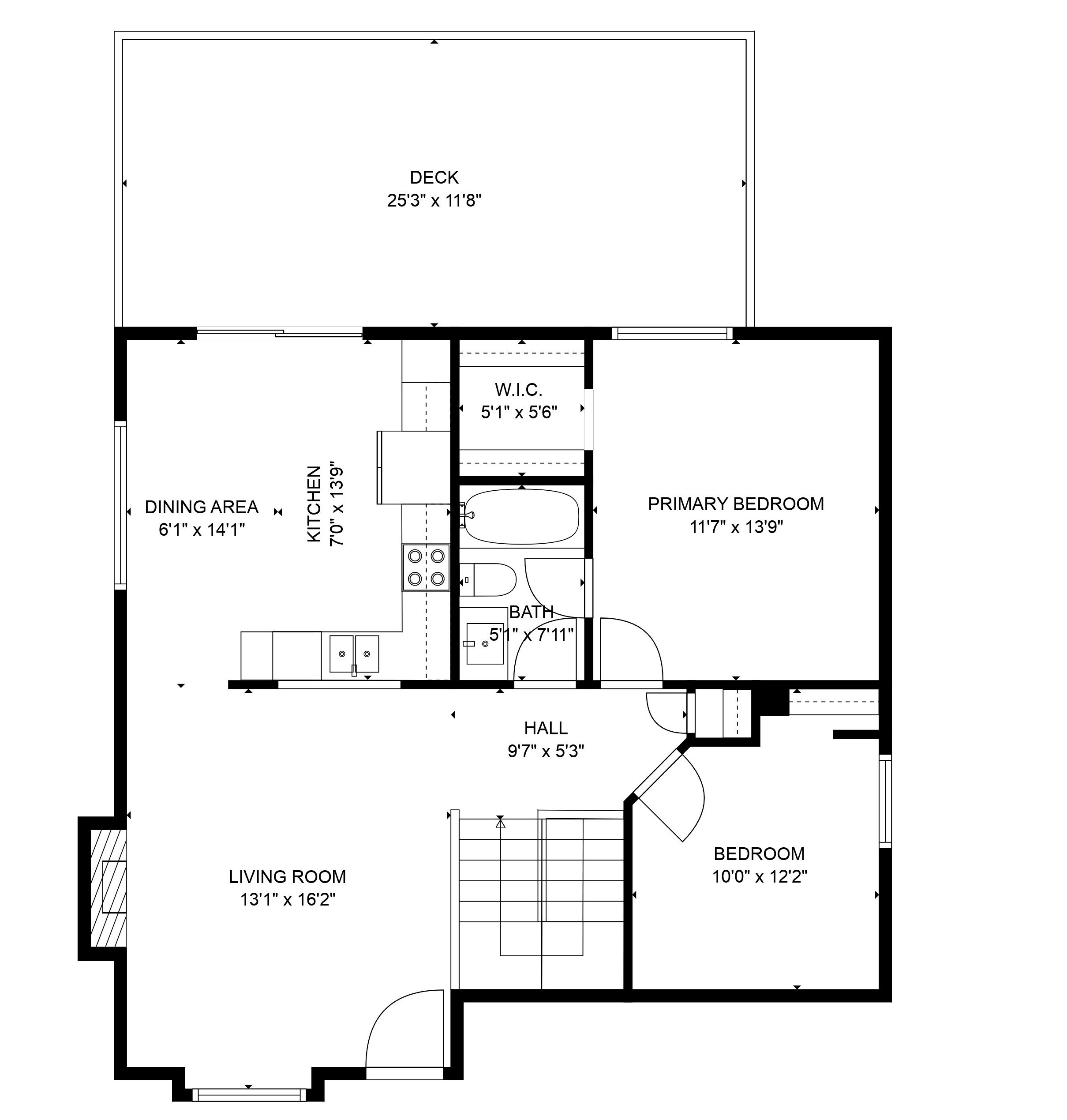 Planta baixa com sala de estar, área de jantar, cozinha, quarto principal, quarto secundário, banheiro e corredor.