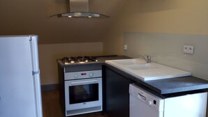 A compact kitchen with a refrigerator, stove, oven, sink, and dishwasher. - Nouveau Loft à Moins de 100m du lac Classé 2 (Gérardmer)