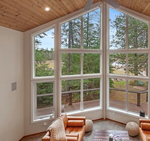 Een smart-tv, een open haard en boeken