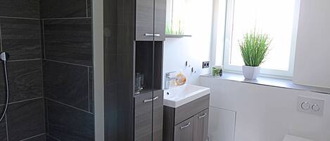 Douche, sèche-cheveux, serviettes fournies, savon