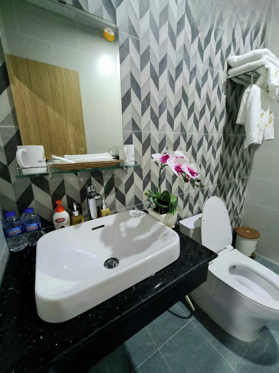 A bathroom with a black countertop, white sink, and toilet. There is a mirror above the sink, a shelf with toiletries, and a potted orchid.