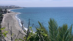 Une scène de plage côtière avec un ciel dégagé, une plage de sable et une vue sur l’océan.