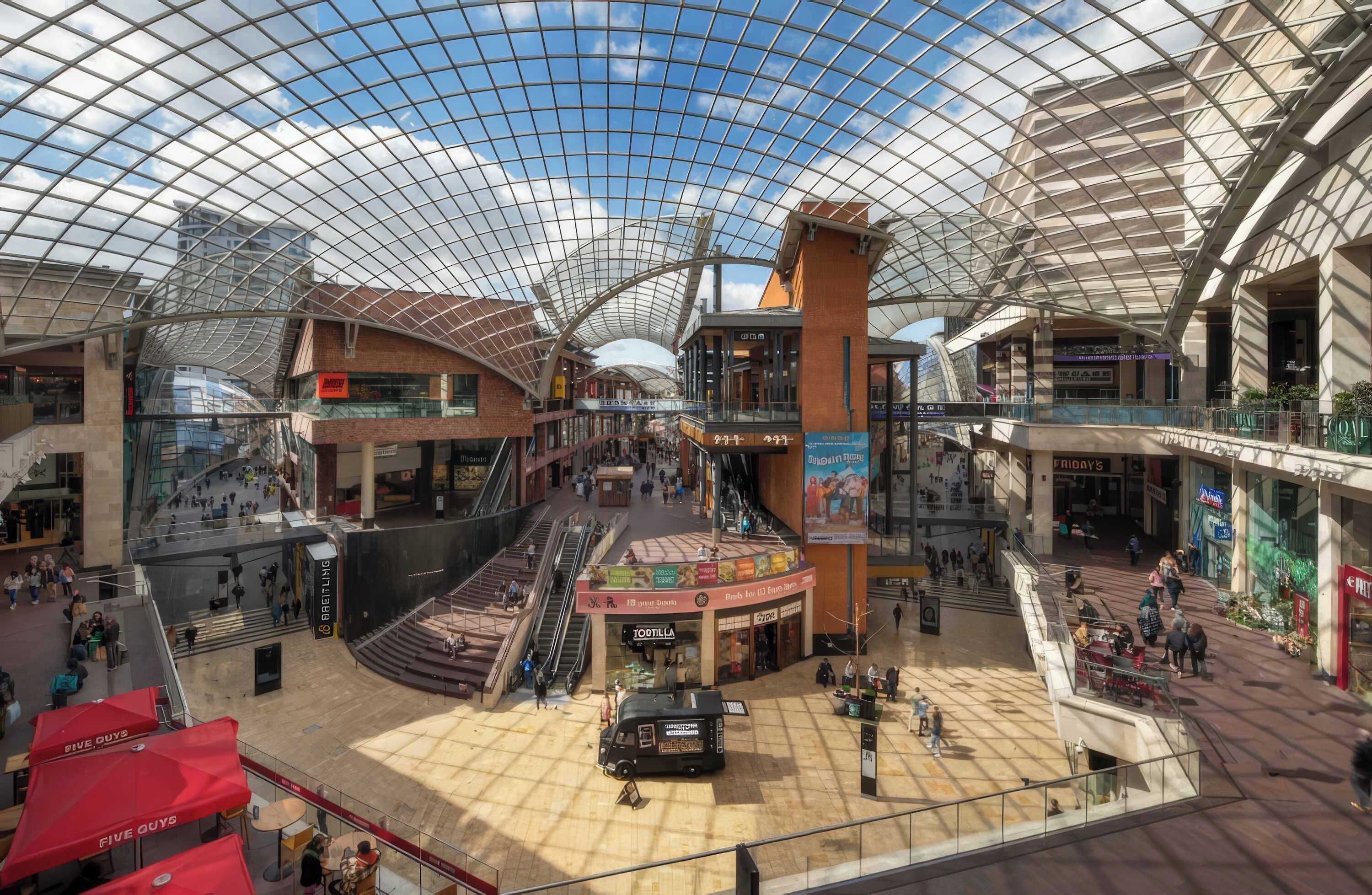 A spacious indoor shopping mall with multiple levels, escalators, and a large glass ceiling.