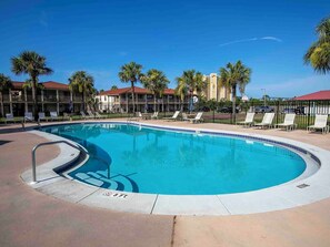 A swimming pool with lounge chairs and palm trees, surrounded by buildings with red roofs.