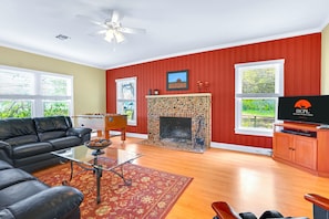 TV, fireplace, table football - Expansive Ranch on 2,001 Acres | Shared Pool & Hot Tub + Trails (Johnson City)