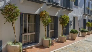 A row of potted trees along a building's exterior, with a balcony and a 'For Sale' sign above. - Cozy apartment in Marbella Old Town (Marbella)