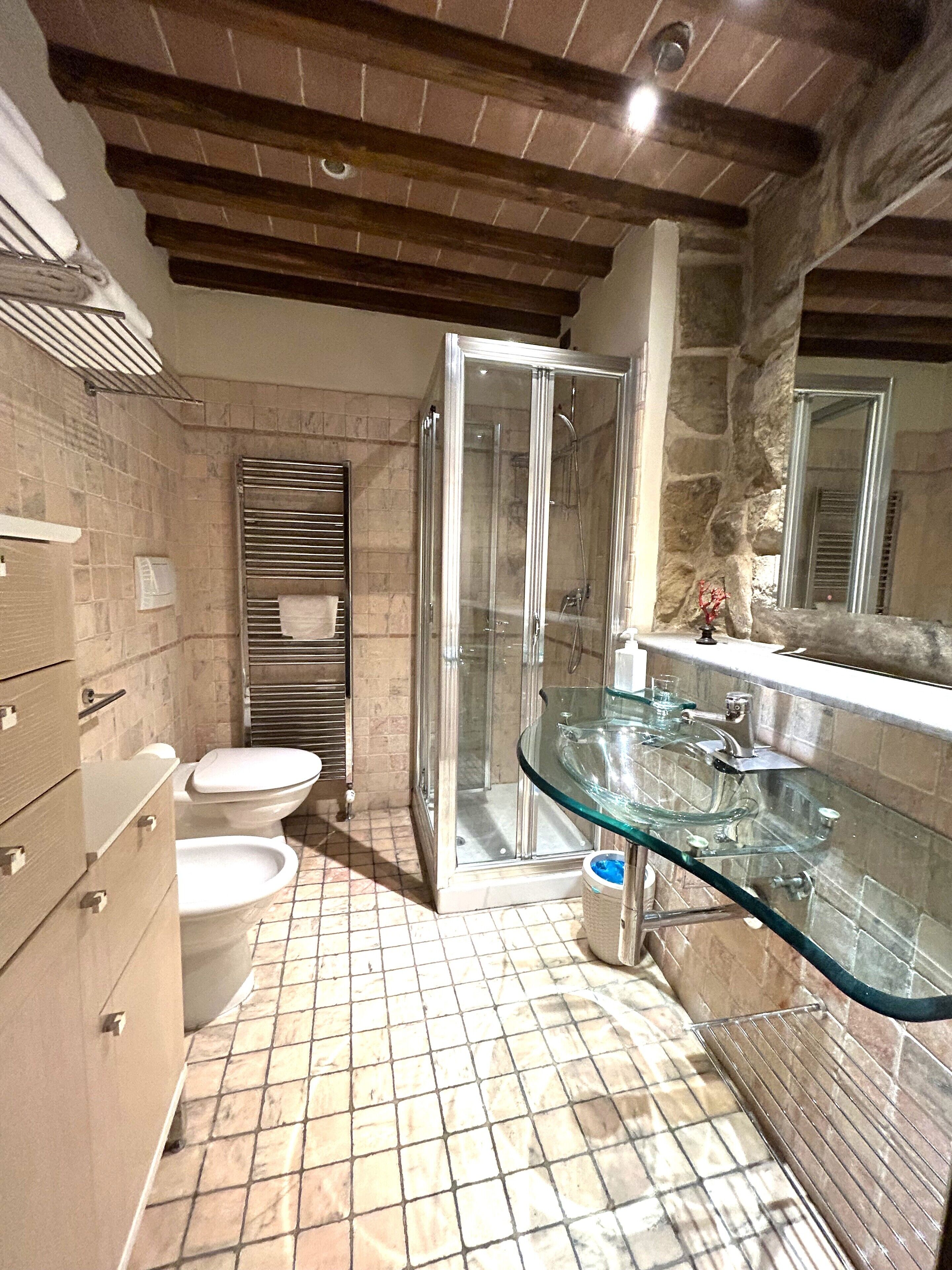 Een badkamer met een douchecabine van glas, een glazen wastafel en een toilet.