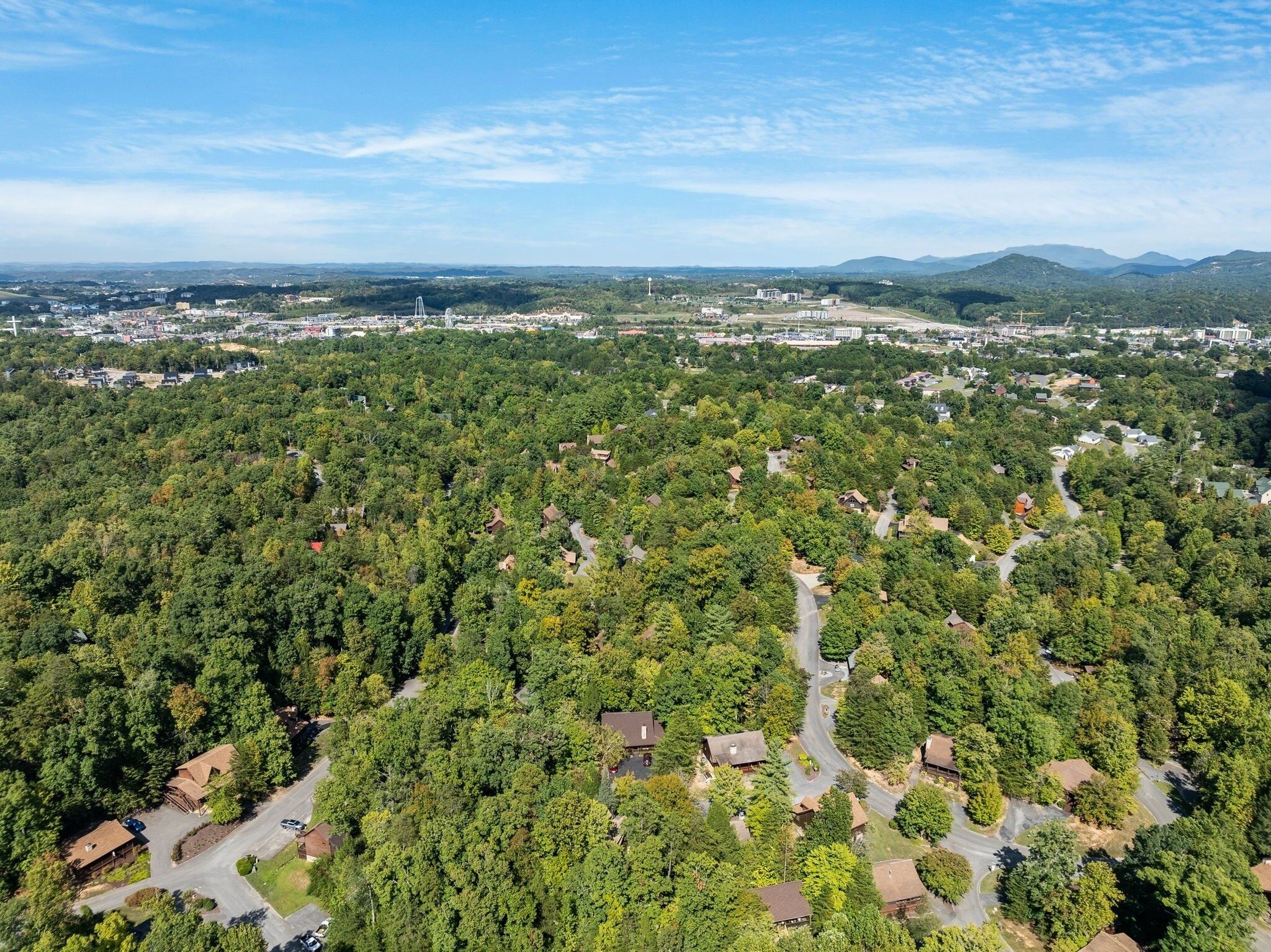 Vista aérea de una zona residencial con casas rodeadas de un bosque denso, carreteras y edificios al fondo.
