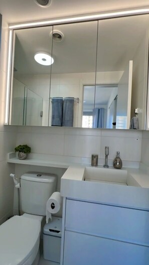 Hair dryer, towels, soap, toilet paper