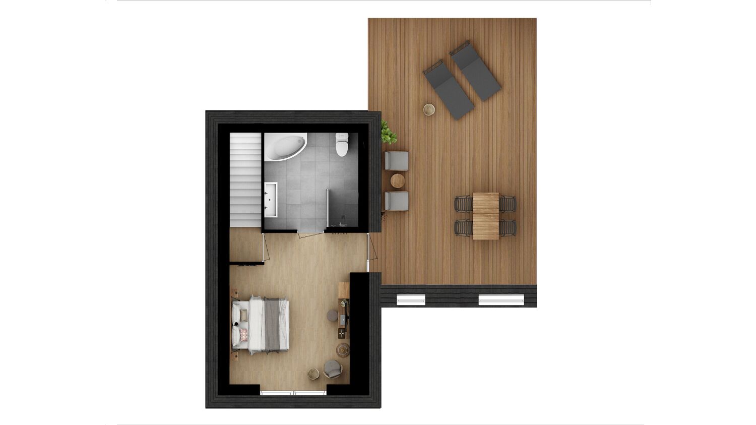 Distribución de un apartamento de dos habitaciones con sala de estar independiente, mesa de comedor y pequeña cocina.