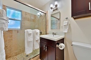 Shower, hair dryer, towels