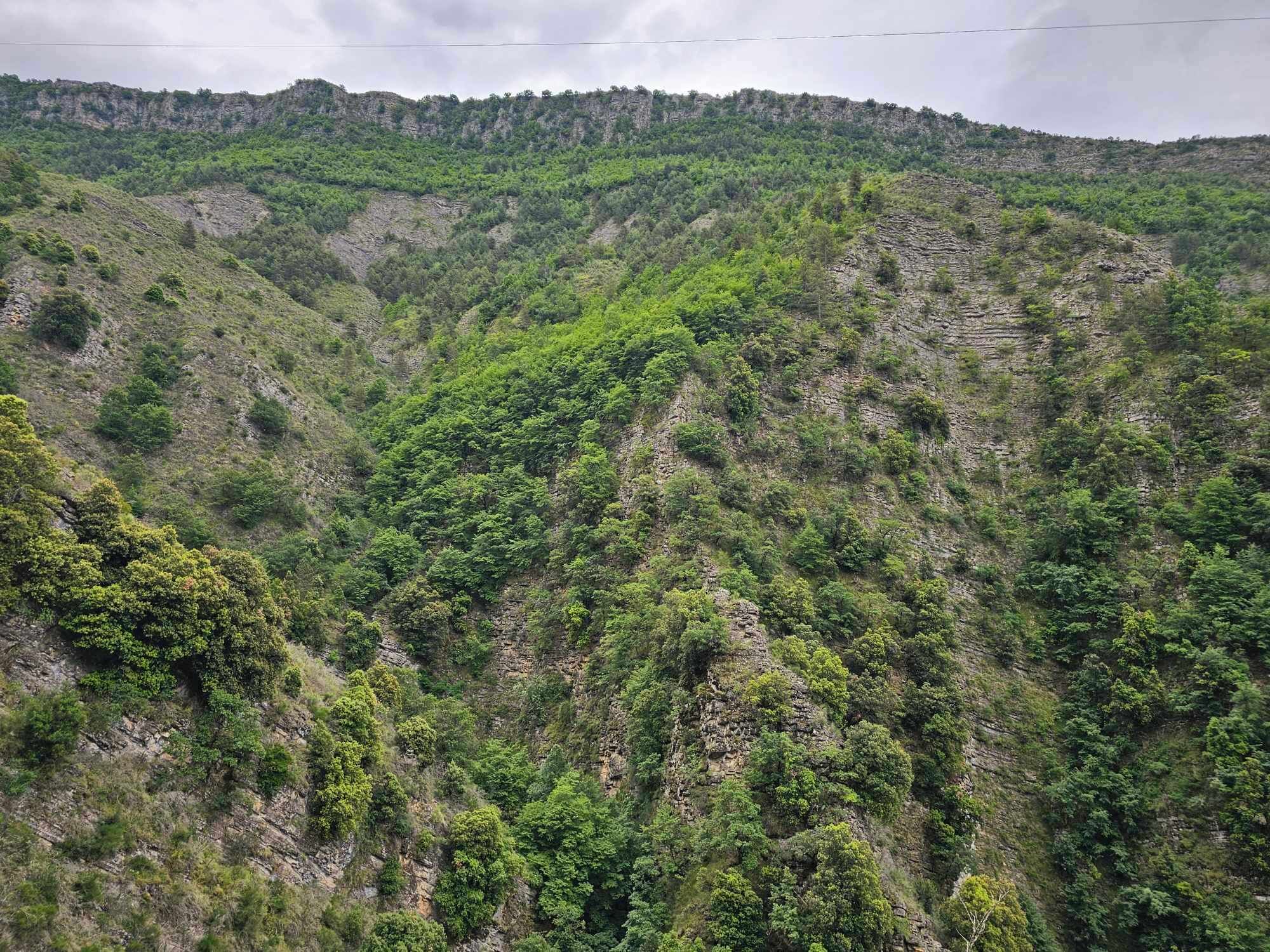 Un paisaje montañoso con vegetación verde densa y acantilados rocosos.