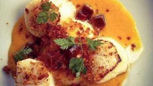 A plate of food with scallops, a sauce, and garnishes. - l'Auberge La Gruppio (Ilonse)