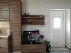Quarto com televisão sobre suporte de madeira, porta branca e planta.