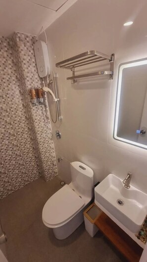 Serviettes fournies, savon, shampooing, papier de toilette