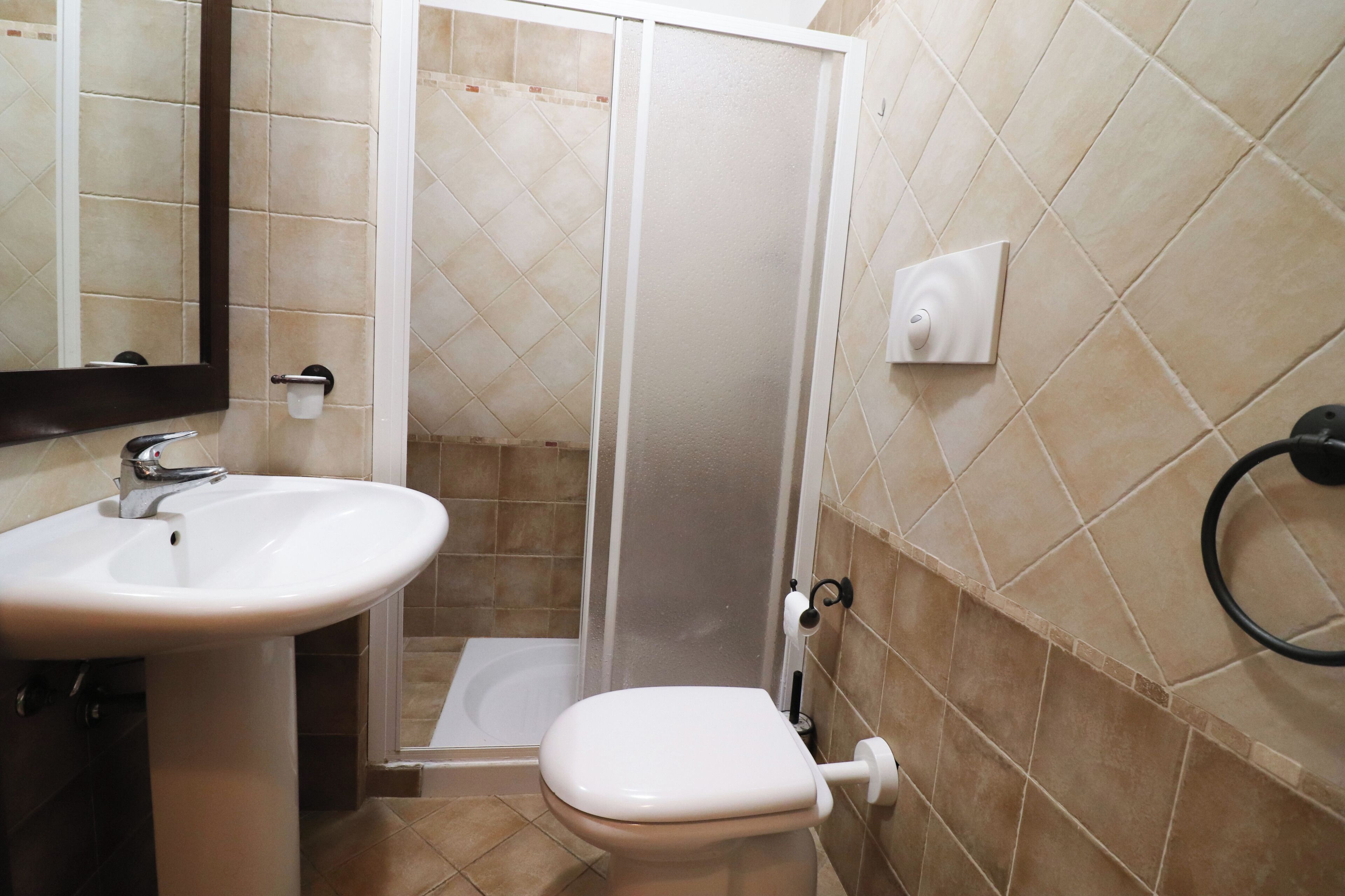 Baño con lavabo, inodoro y ducha.