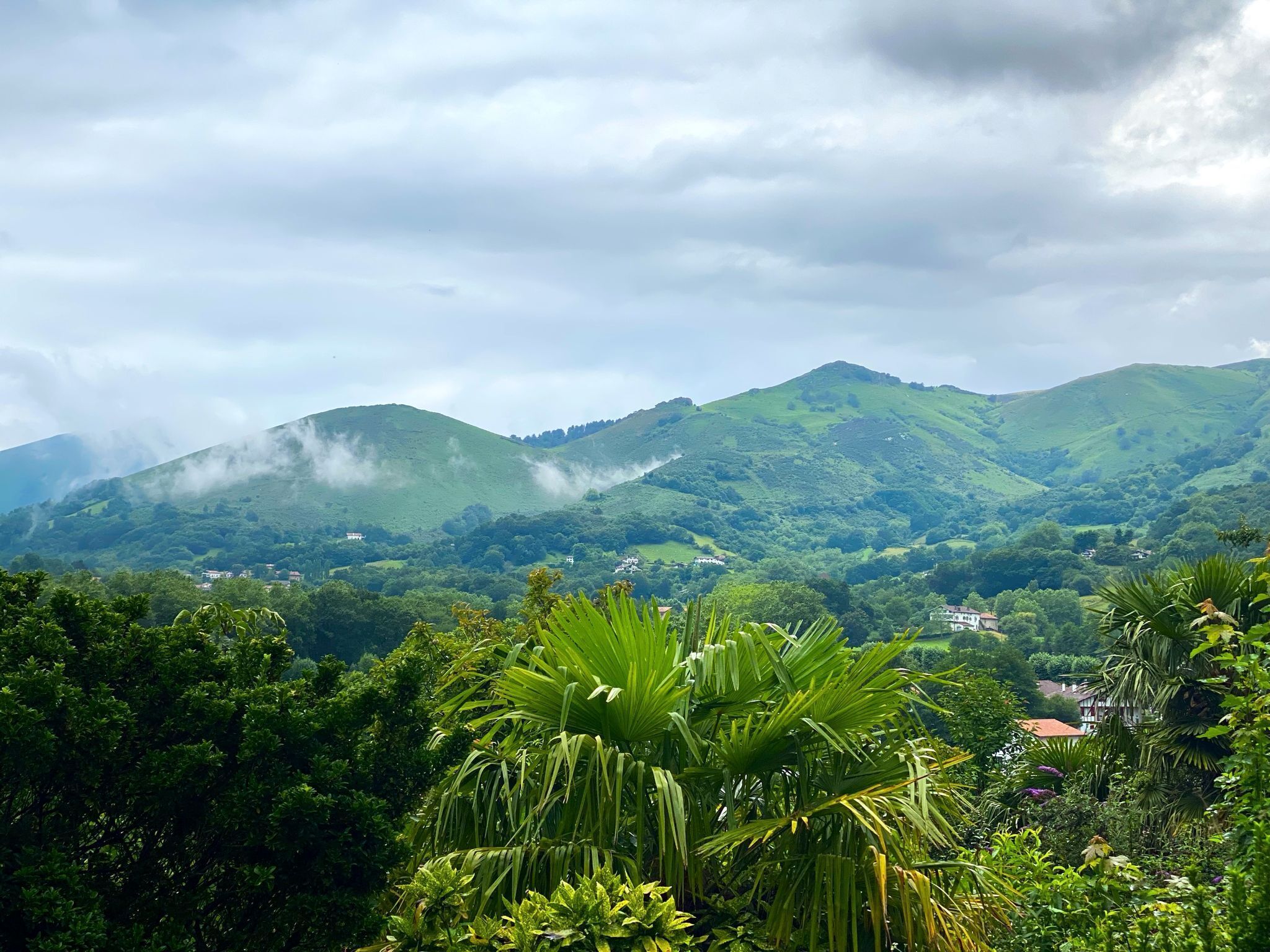 A lush green landscape with rolling hills and a valley.