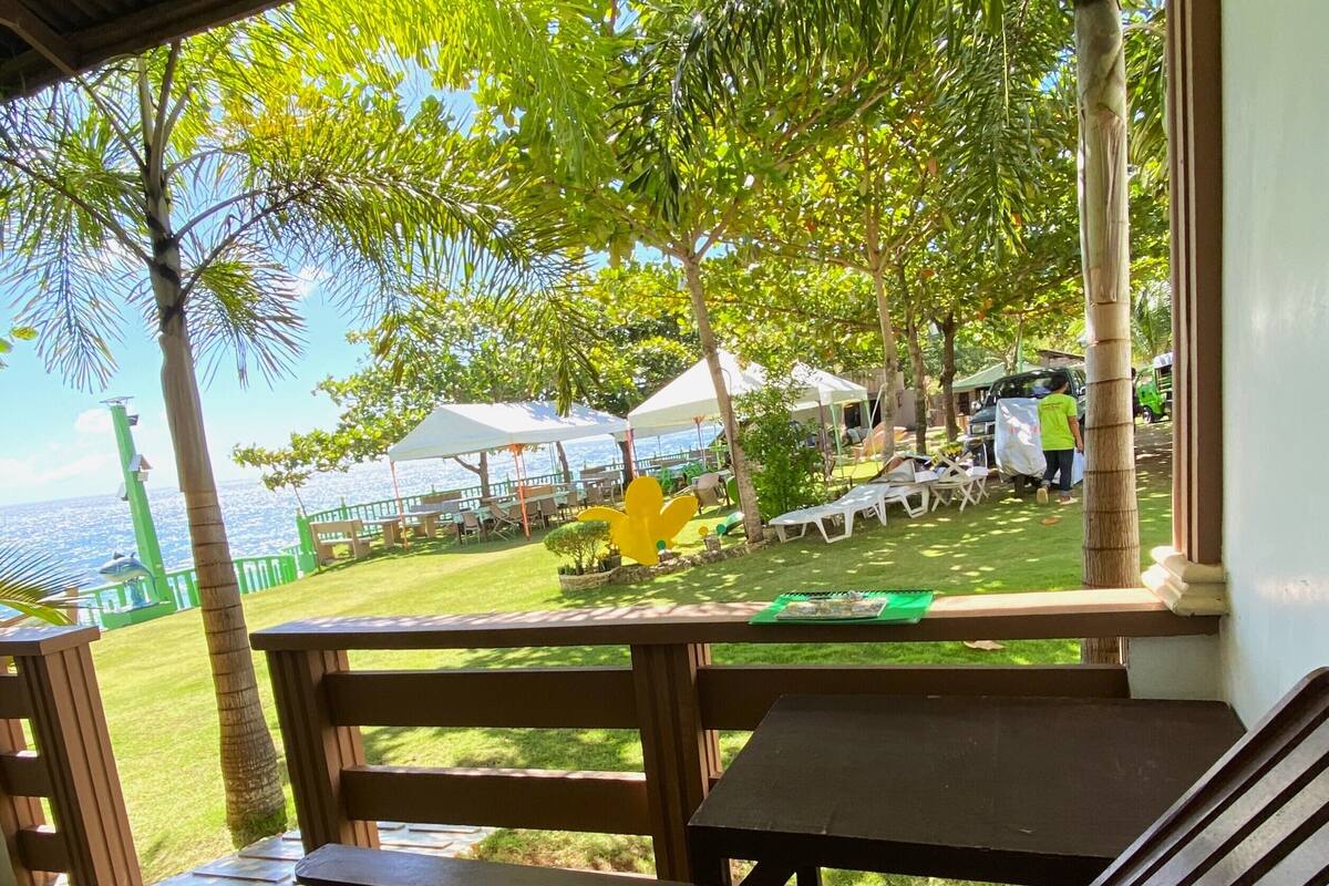 A covered outdoor seating area with wooden benches and tables, overlooking a grassy area with trees and a view of the sea.
