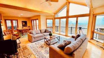 Smart TV, fireplace, books