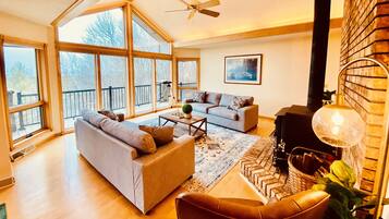 Smart TV, fireplace, books