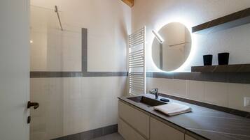 A modern bathroom with a shower, sink, and mirror.