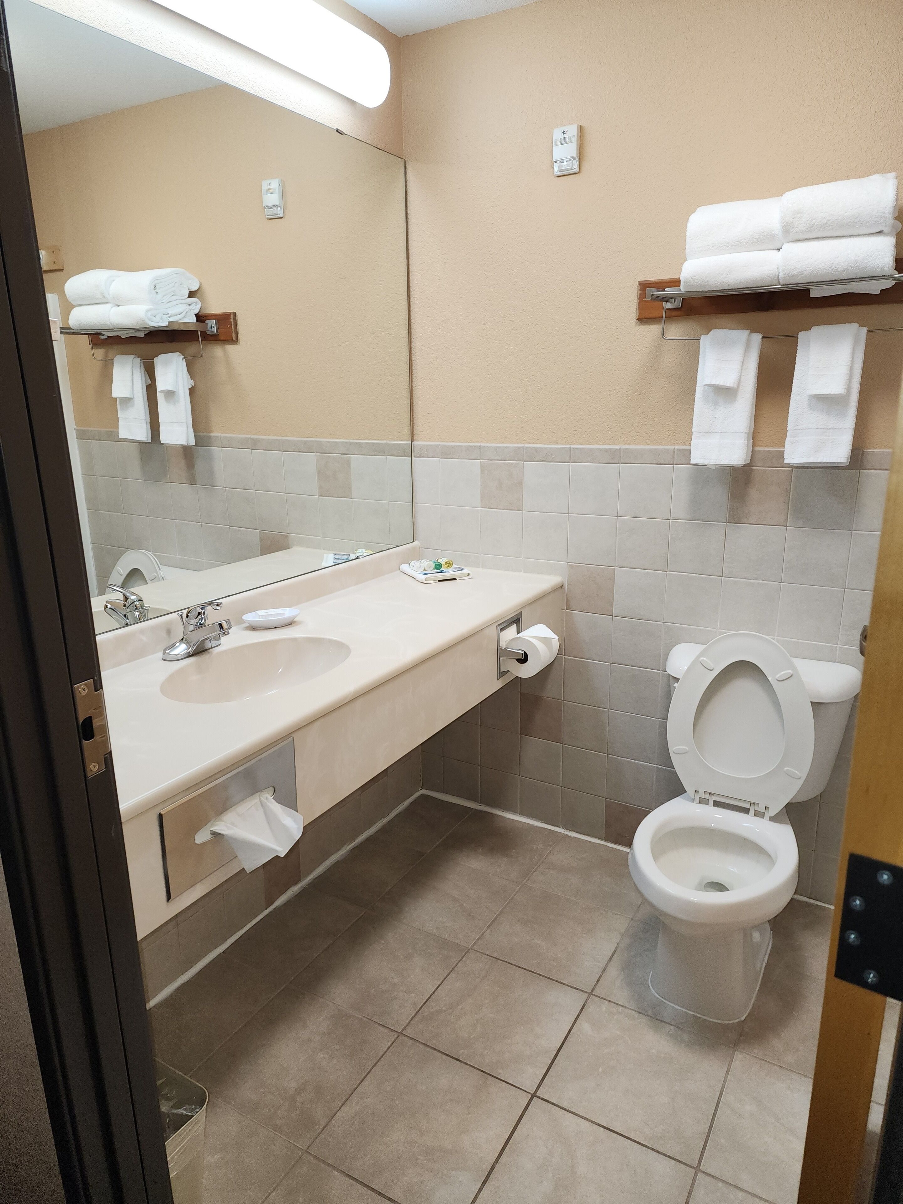 Une salle de bain moderne avec un lavabo, un miroir et des toilettes. On y trouve des serviettes sur un porte-serviettes et un support à papier toilette.