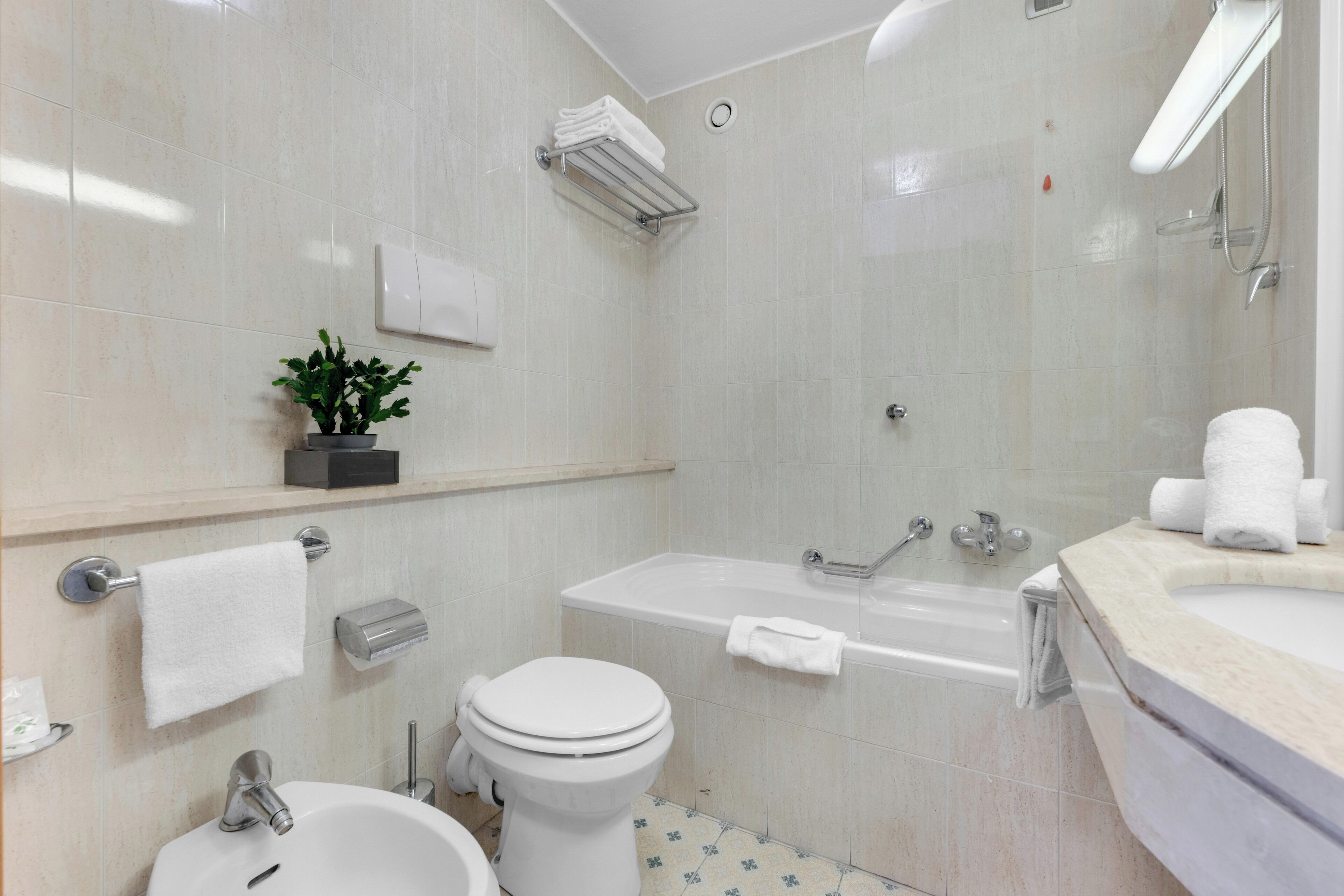 A modern bathroom with a bathtub, toilet, sink, and a small potted plant.