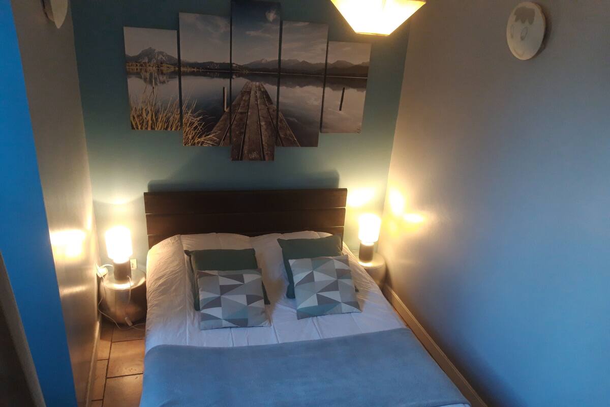 Een slaapkamer met een bed, twee nachtkastjes, een muurlamp en een schilderij boven het bed.
