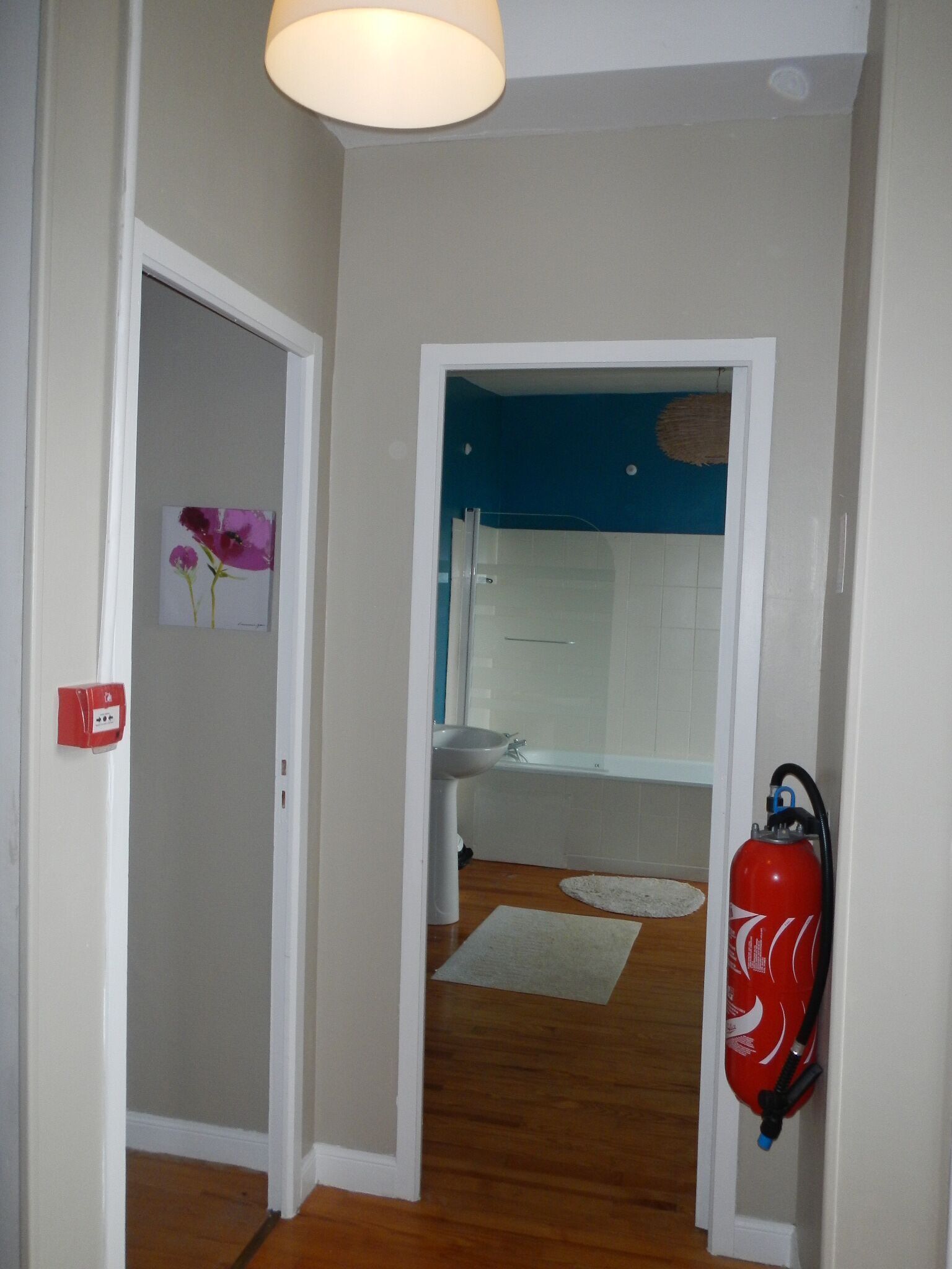 Un couloir avec un plancher en bois, une porte blanche, un extincteur rouge et une salle de bain visible à travers une porte ouverte.