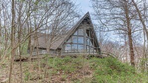A cabin with a triangular roof, surrounded by trees and vegetation. - Riverfront Baxter Springs Home w/ Deck & Grill! (Baxter Springs)