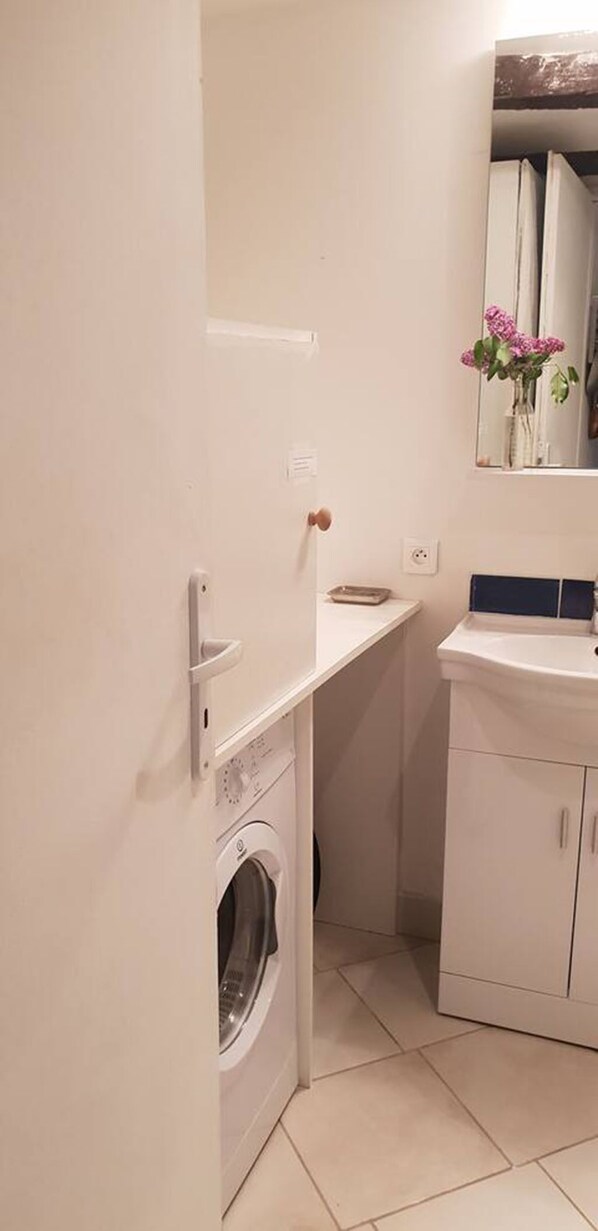 Hair dryer, towels, soap, toilet paper