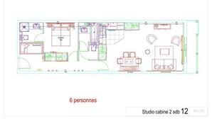 A floor plan of a studio apartment with a kitchenette, a dining area, and a living space. - 150m from ski slopes, 1st floor, view ski slopes, swimming pool, balcony, tv, ski locker, 58m² (Eaux-Bonnes)