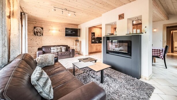 A modern living room with a leather sofa, a flat-screen TV, and a fireplace. - Wifi, 200m from ski slopes, 4th floor, balcony, tv, ski locker, 105m², Les Gets (Les Gets)