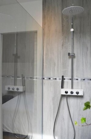 Een douche, een haardroger, handdoeken, zeep