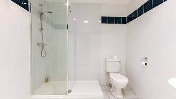 A modern bathroom with a glass-enclosed shower, a white toilet, and a sink.