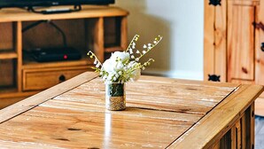 Una mesa de madera con un jarrón de flores al frente, un televisor sobre un mueble de apoyo al fondo y una estantería con libros a la derecha.