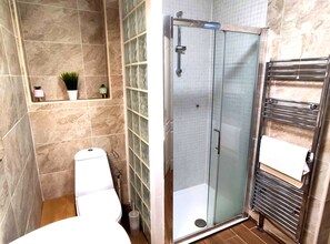 Dusch, hårtork, handdukar och tvål