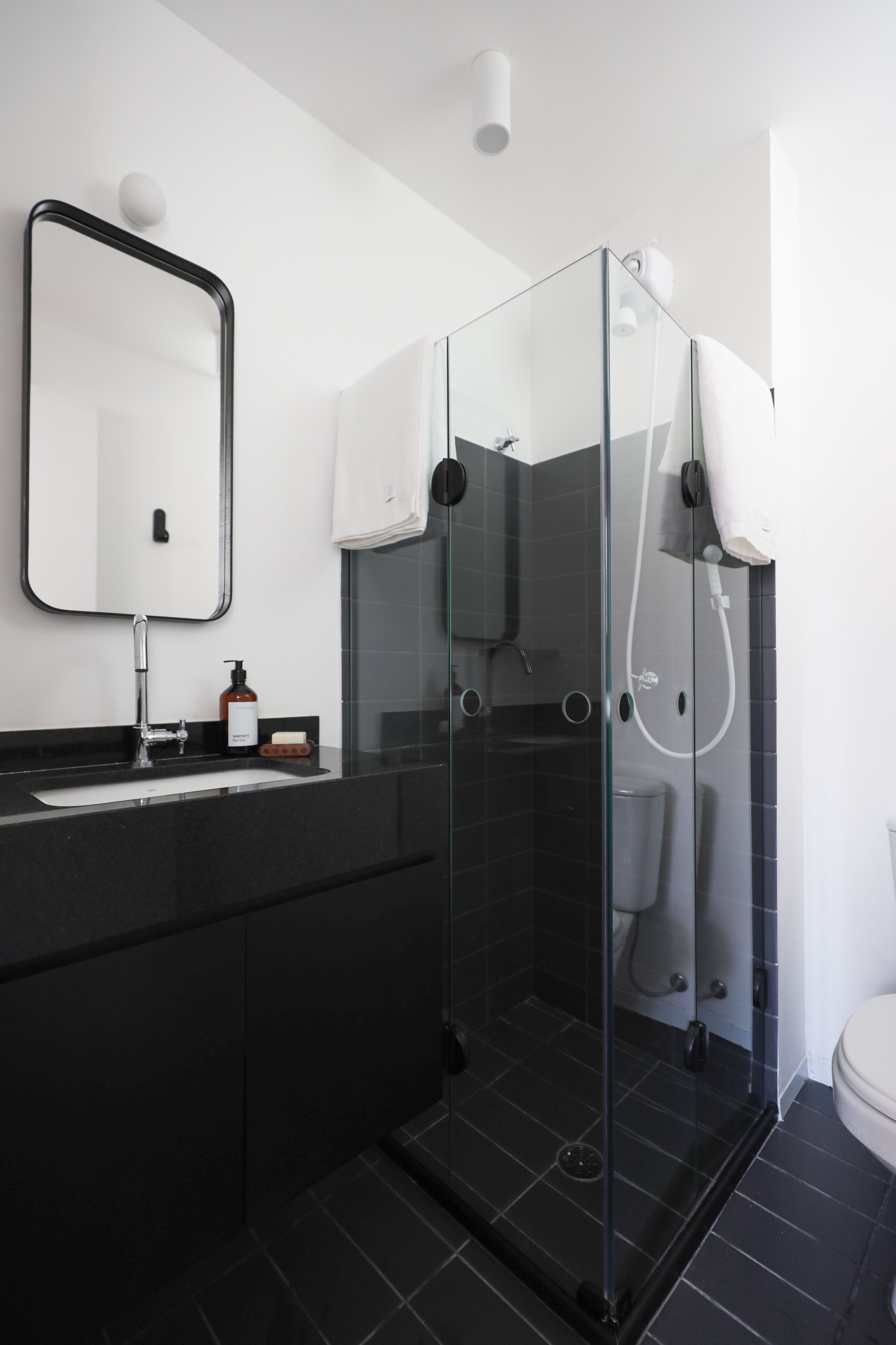 A modern bathroom with a glass-enclosed shower, a black sink with a mirror, and a toilet.