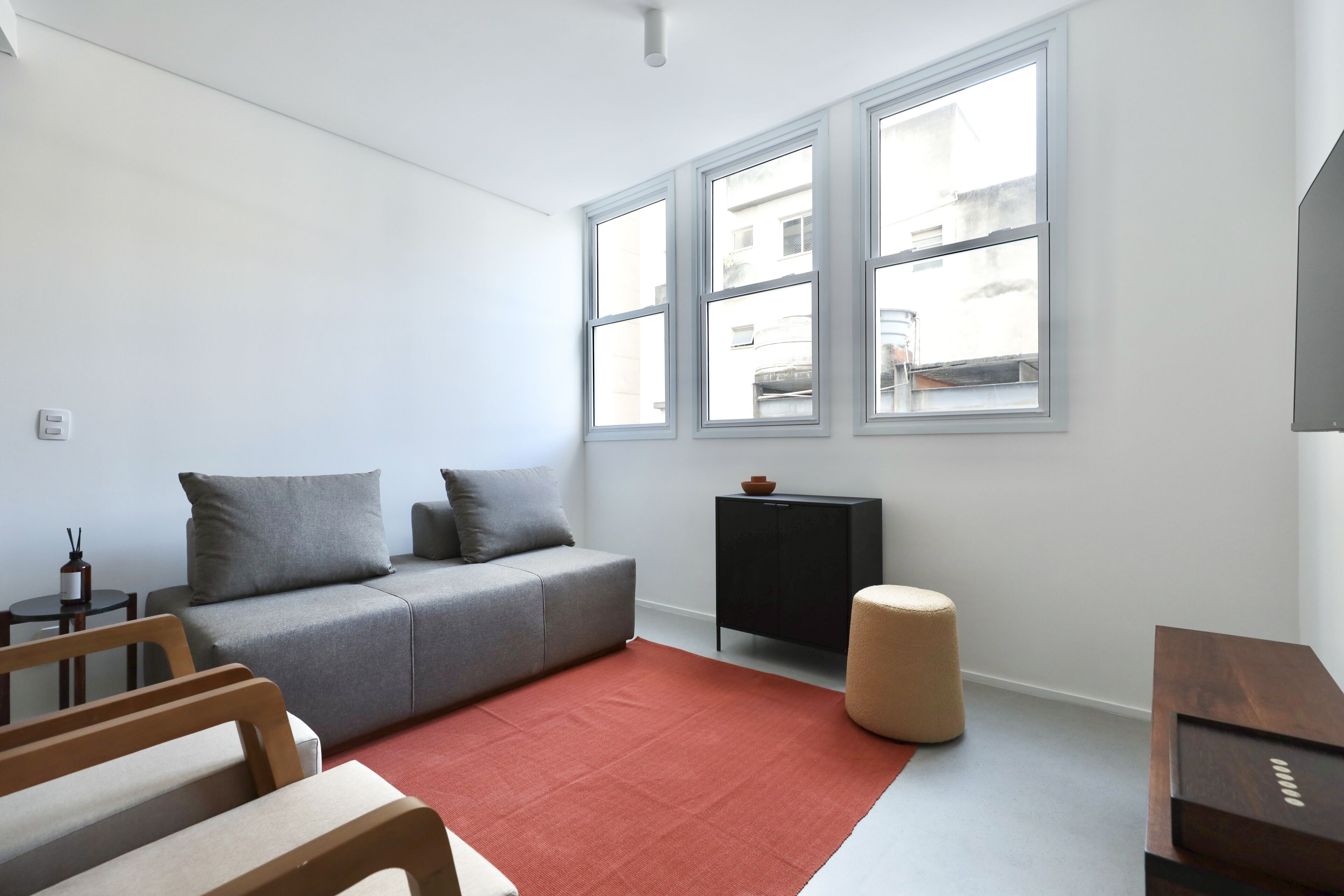 A modern living room with a grey sofa, a red rug, a small black cabinet, and a wooden bench.