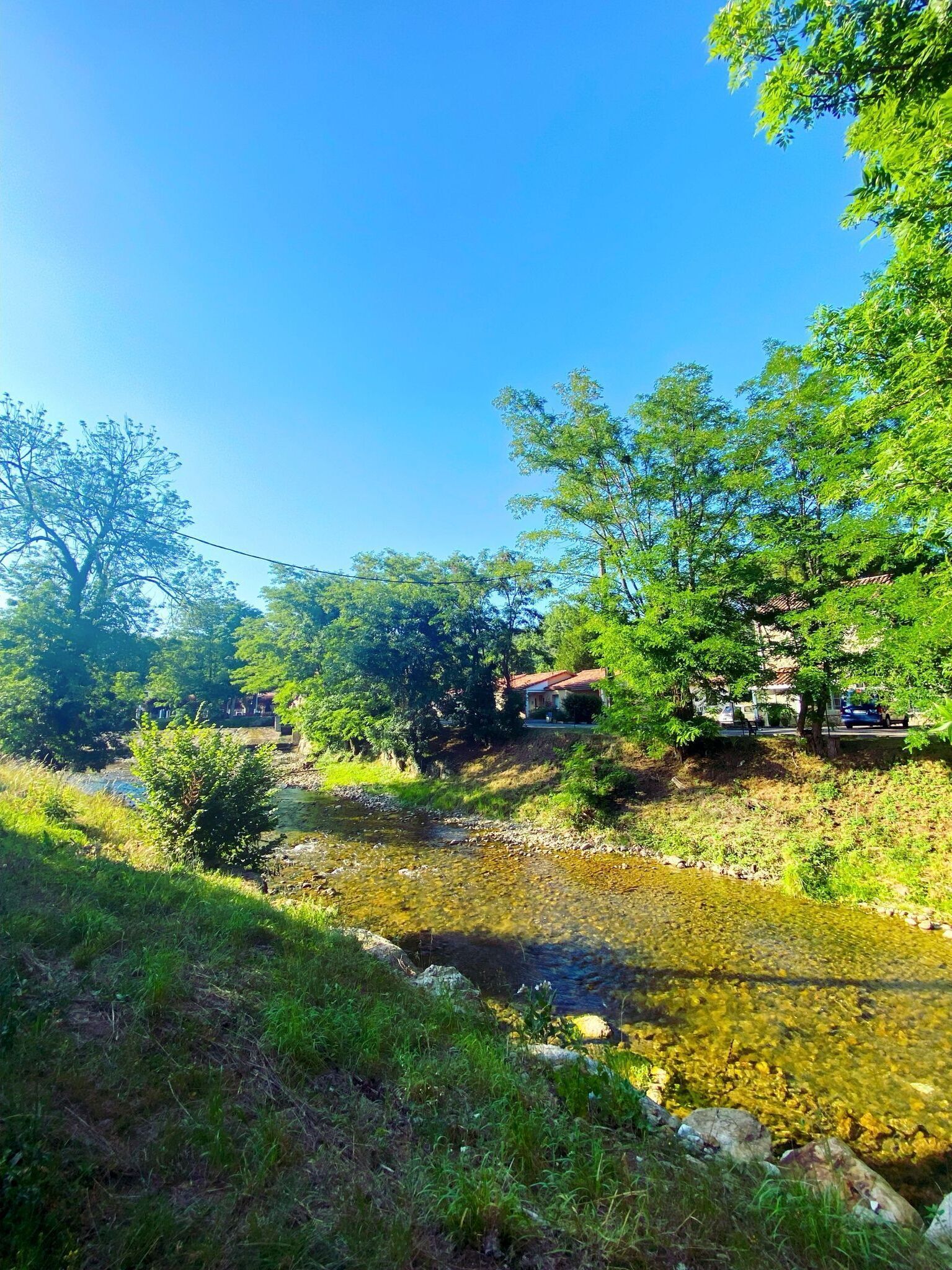 A natural landscape with a clear stream, trees, and a building with a red roof in the background.