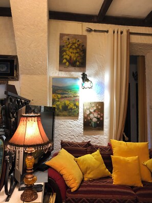 Una televisión, una chimenea, un reproductor de DVD