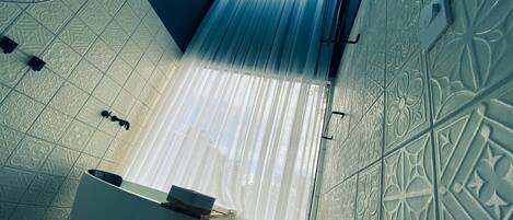 Hair dryer, bidet, towels, soap