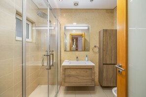 Shower, hair dryer, bidet, towels