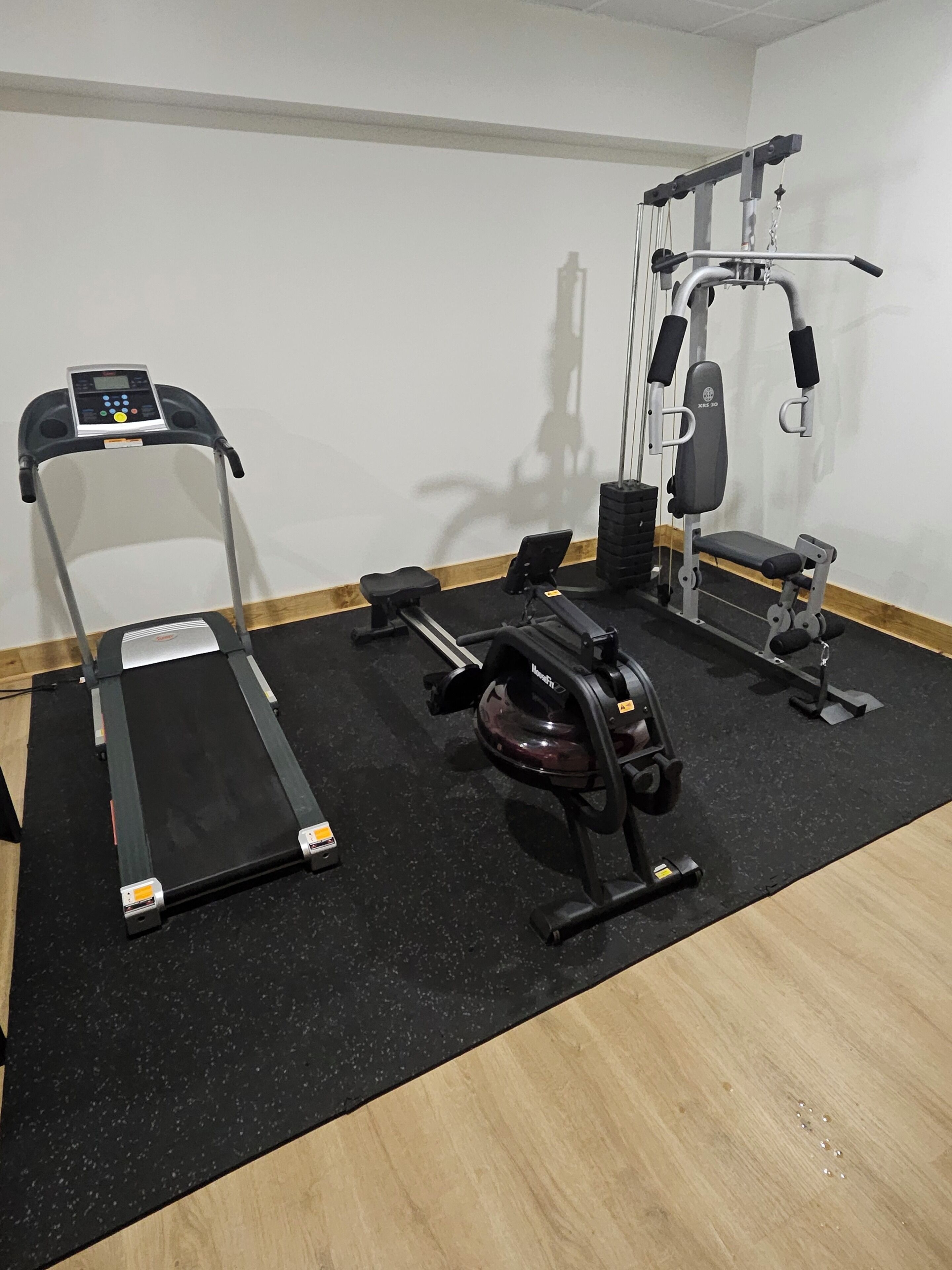 A gym with a treadmill, weight bench, and various exercise machines.