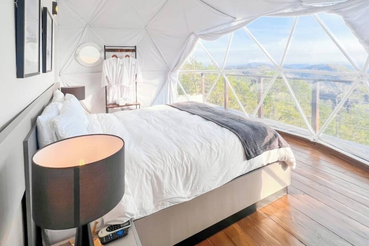 Une chambre à coucher avec un grand lit, une lampe de chevet, une table de nuit et une vue sur le paysage par une fenêtre.