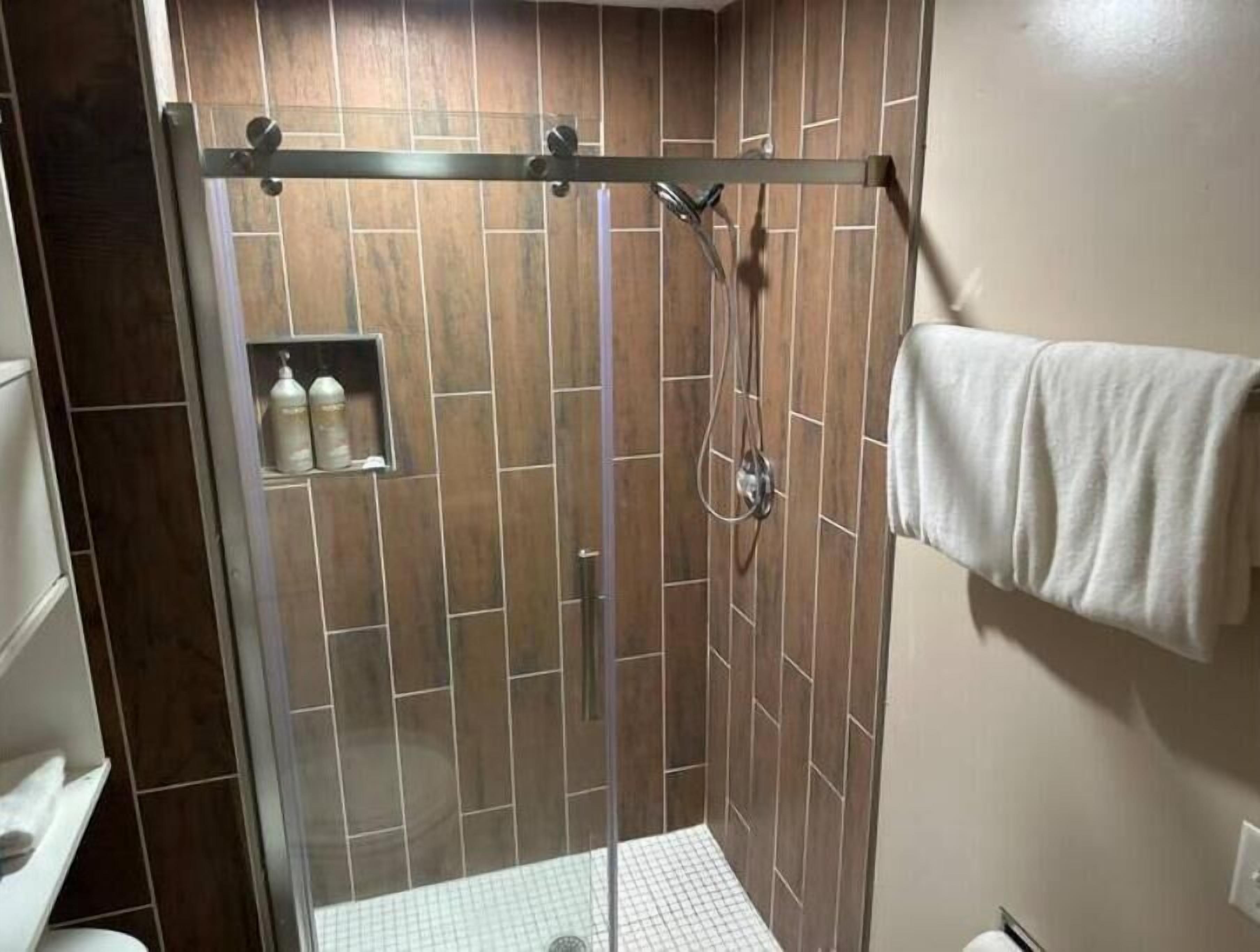 Hair dryer, towels, soap, shampoo